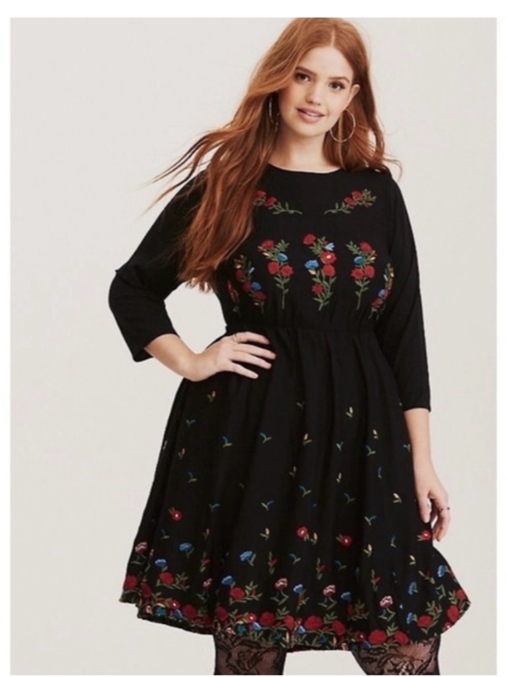 torrid Black Floral Embroidered Fit-and-Flare Dress